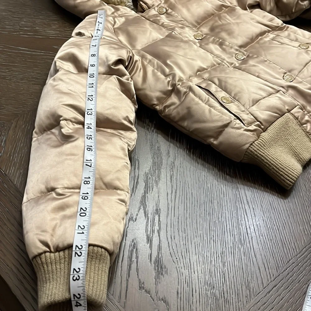 Old Navy tan/gold shiny puffer jacket with faux fur lined hood Size S